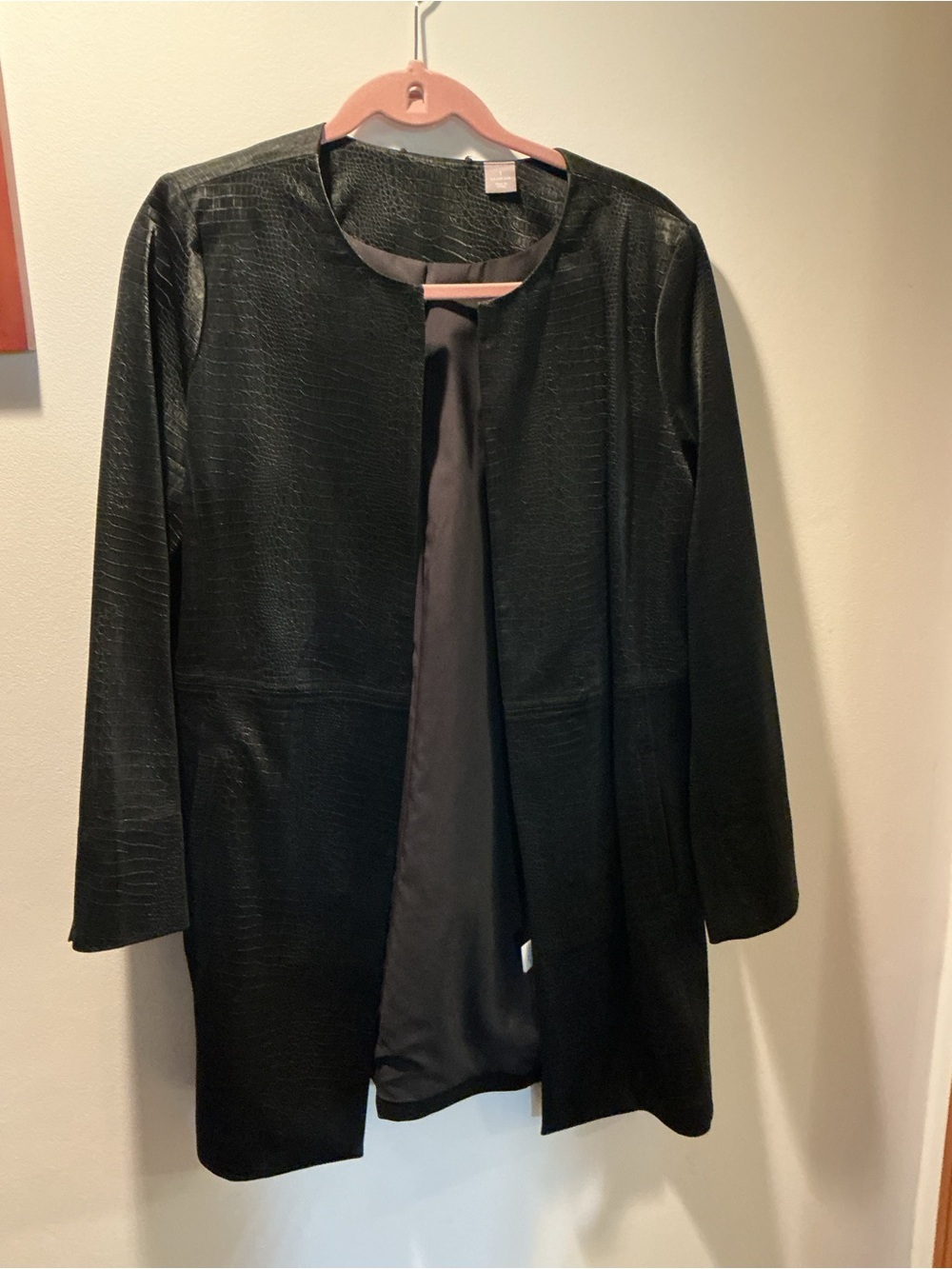 Chico's Black Collarless Long Javket Coat - Textured Finish